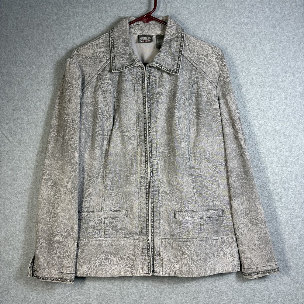 Additions by Chicos Jacket Womens XL/16 (Chicos 3) Gray Animal Print Zip Up